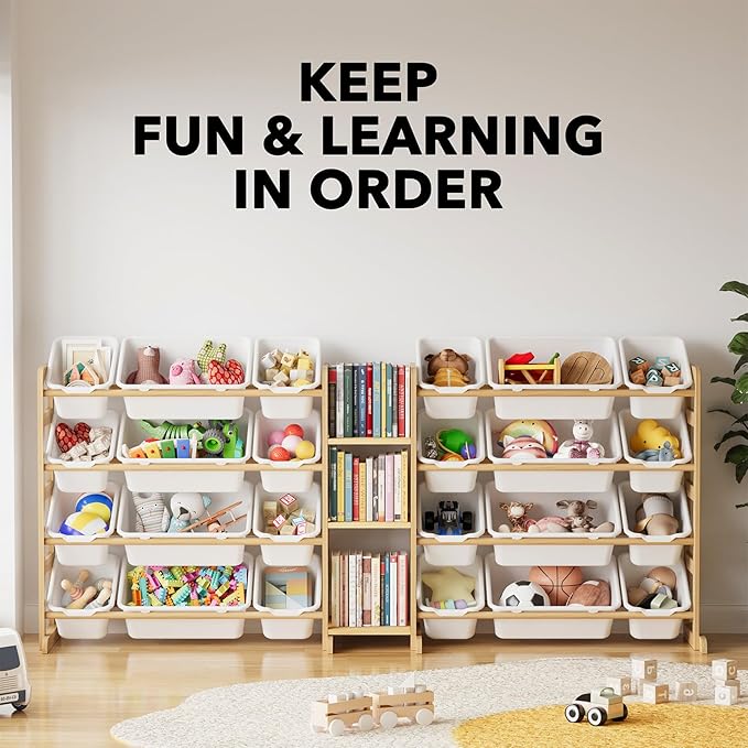 SpaceAid Large Toy Storage Organizer with 24 Bins and 3 Shelves, Toy Organizers Storage Bookshelf, Kids Bin Shelf Box Bookcase for Bedroom Playroom Organization Room Decor, White