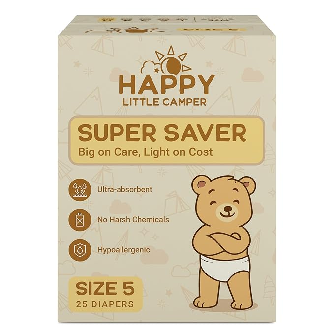 Happy Little Camper Super Saver Diapers, Size 5, 25 Count | Budget-Friendly Disposable Diapers for Sensitive Skin | Hypoallergenic, Fragrance-Free, Ultra Absorbent
