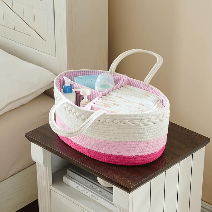 luxury little Diaper Caddy Organizer, Large Cotton Rope Nursery Basket, Changing Table Organizer for Baby Diaper Storage, Portable Car Organizer with Removable Divider, Baby Shower Gifts - Pink
