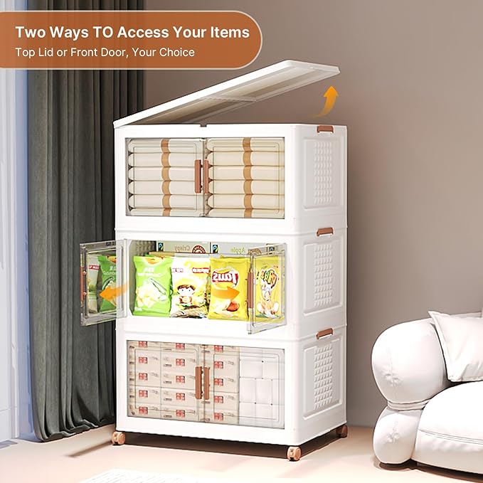 285Qt/70Gal Stackable Storage Bins with Lids and Divider, 3Pack Collapsible Drawers with Doors, Foldable Cabinet with Wheels, Plastic Closet Organizers Containers for Home, Dorm