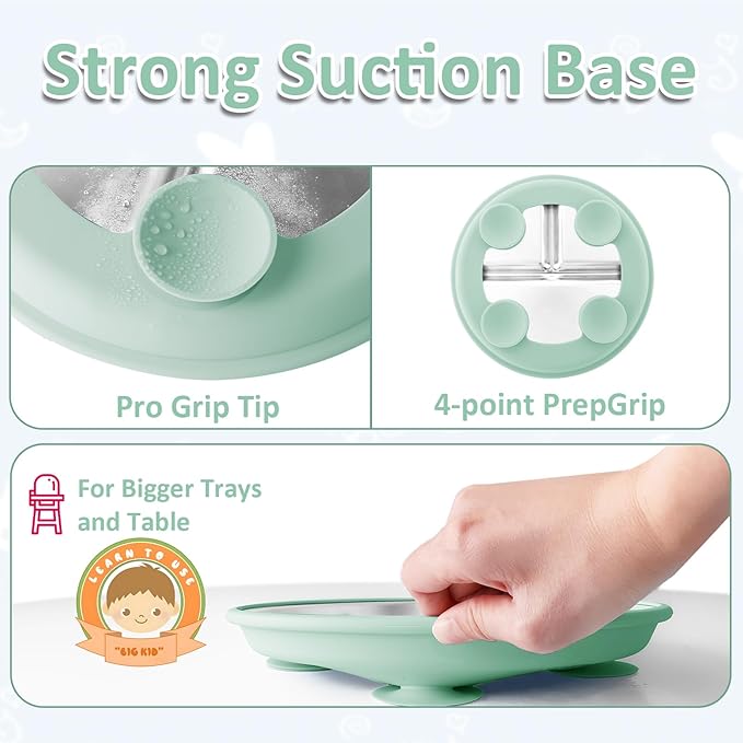 Stainless Steel Suction Plates for Toddlers, 9" Divided Kids Baby Plates with Removable Silicone Suction, Non Toxic Non Slip Portion Control Snack Dishes 3 Packs, Blue Gray Sage