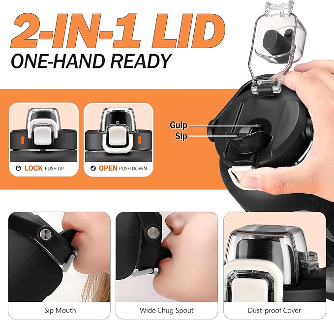 72oz Glass Water Bottle with 2-IN-1 Straw &Chug Lid, Large Motivational Glass Bottle with Capacity Marker and Silicone Sleeve, 2.1Liter Gallon Water Jug for Home, Sports, Gym, BPA Free-Black