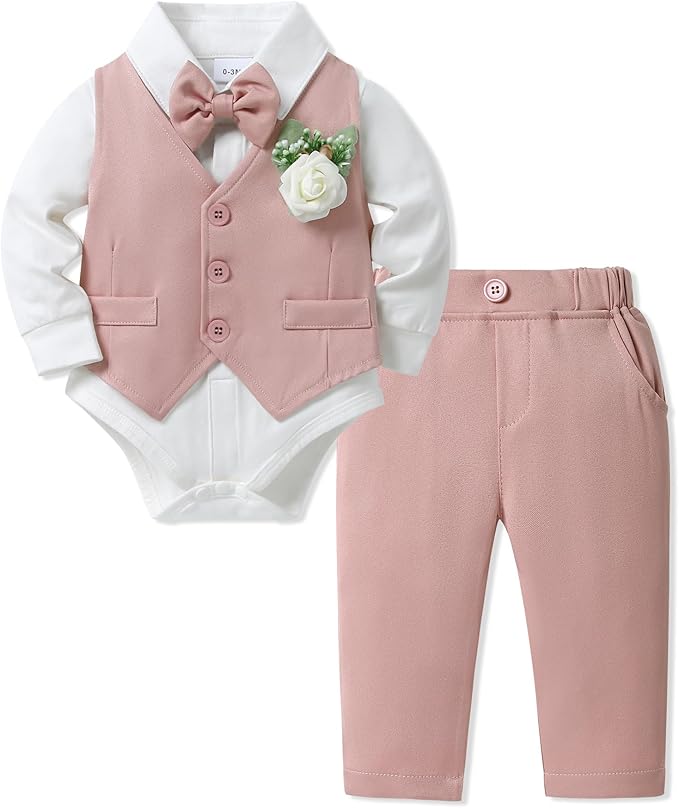 SANMIO Baby Boy Clothes Suits Infant Gentleman Outfit Collared Dress Shirt+Vest+Tie+Corsage+Pants 5Pcs Baby Suit Sets