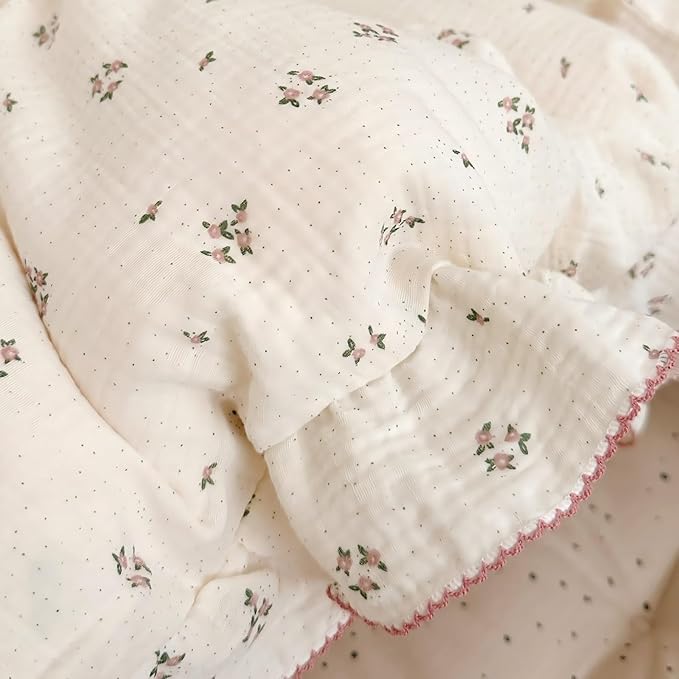 BuLuTu Beige Floral Toddler Pillowcase Muslin with Ruffles,Kids Girls Standard Pillow Cases Fit for Children Pillow Sized 16"x 22"/20"x 26", Envelope Closure, Primrose Pattern,1 Pack