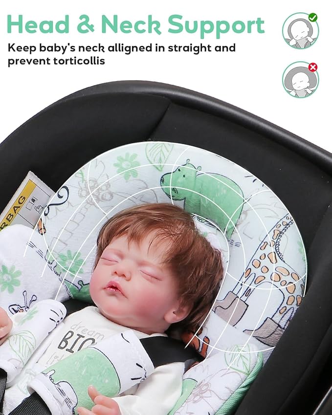 Infant Car Seat Insert, Enlarged Head Support for Baby Carseat, Reversible Newborn Insert with 3 Strap Covers, 2-in-1 Baby Car Seat Cushion for Stroller, Swing, Bouncer, Rocker - Blue Giraffe
