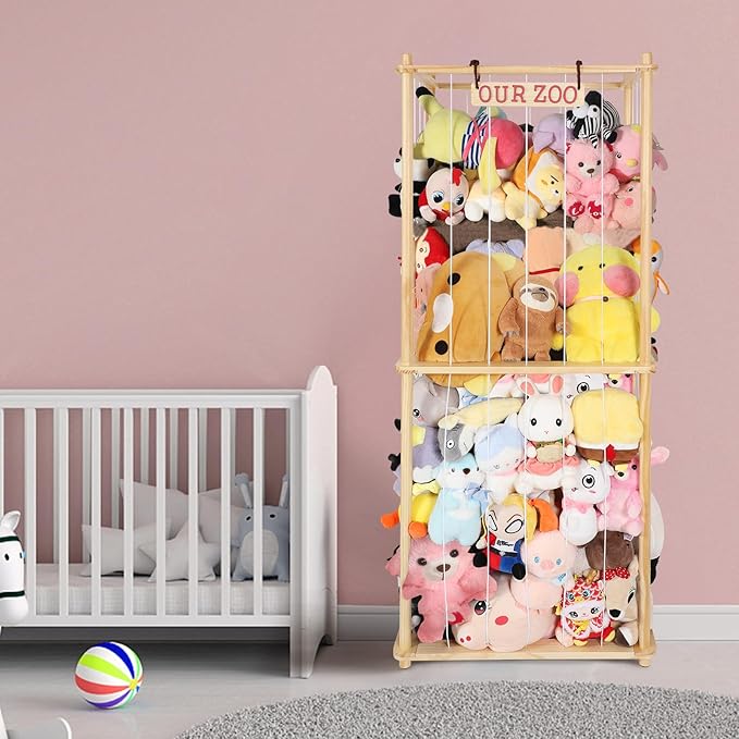 Extra Large Stuffed Animal Storage for Corner Organizer,Premium Wooden Material with Elastic Cord Hold Up to 250 Plush Toys,Stuffed Zoo Animal Holder and Collection for Playroom-Birthday