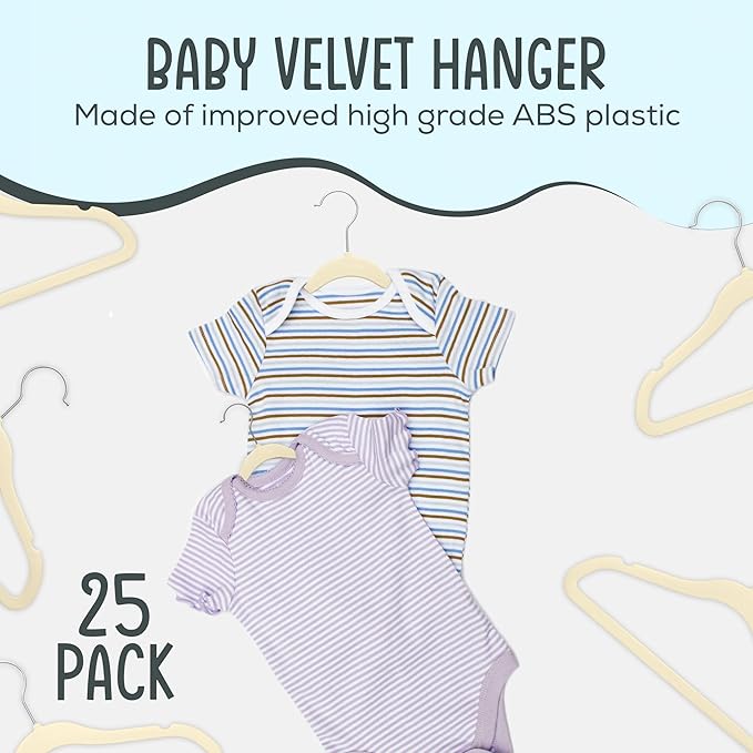 25 Premium Baby Velvet Hangers - 11.8 Inches Non-Slip & Ultra-Slim Baby Hangers for Space-Saving & Children Clothes - 360 Swivel Hook, Strong & Durable Infant & Toddler Clothes Hanger - Beige
