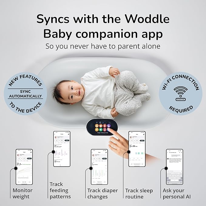 Woddle Multifunctional Smart Baby Changing Pad with Precision Scale for Critical Weight Monitoring + AI App, Noise Machine, Warmer, Night Light, Touchscreen Tracker, All-in-One
