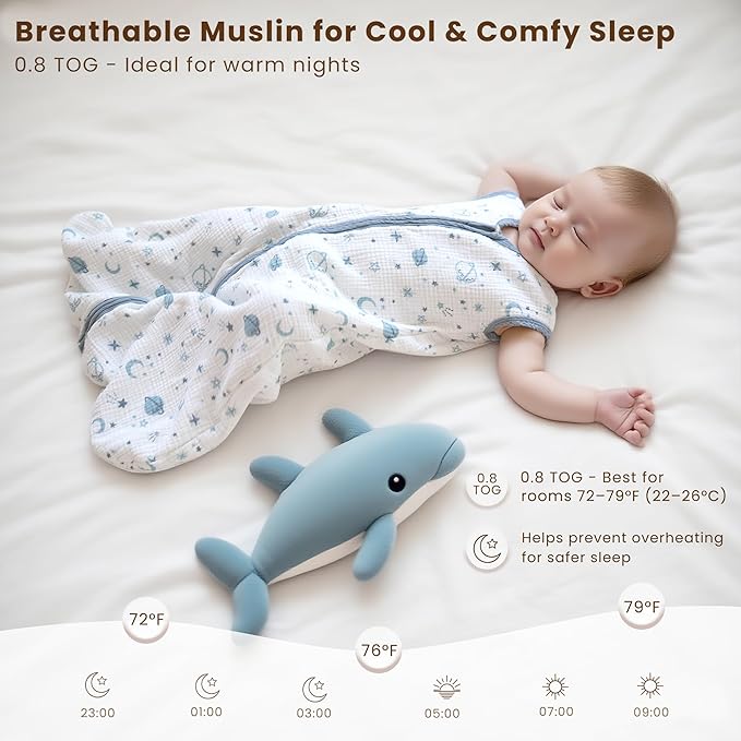 Konssy Muslin Baby Sleep Sack 0-6 Months 0.8 TOG, 2 Pack 100% Cotton Wearable Blanket for Babies, 2-Way Zipper Breathable Sleeping Sack Infant Toddler Essentials for Girls and Boys (Star, Blue)