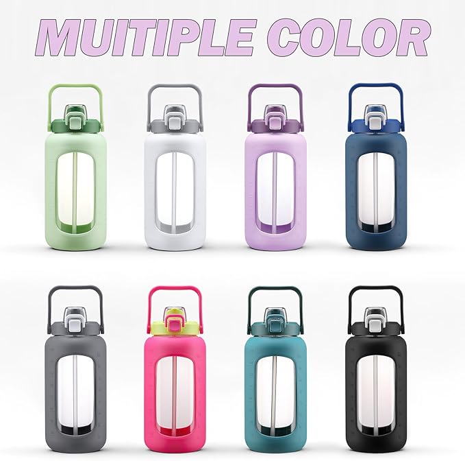 72oz Glass Water Bottle with 2-IN-1 Straw &Chug Lid, Large Motivational Glass Bottle with Capacity Marker and Silicone Sleeve, 2.1Liter Gallon Water Jug for Home, Sports, Gym, BPA Free-Light Purple