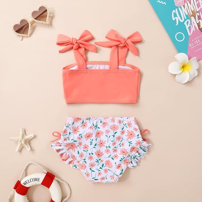 Toddler Swimsuit Girl Color Block Stripe Swimwear Baby Girl Summer Beach Bathing Suits Bikini Set with Ruffled Edges