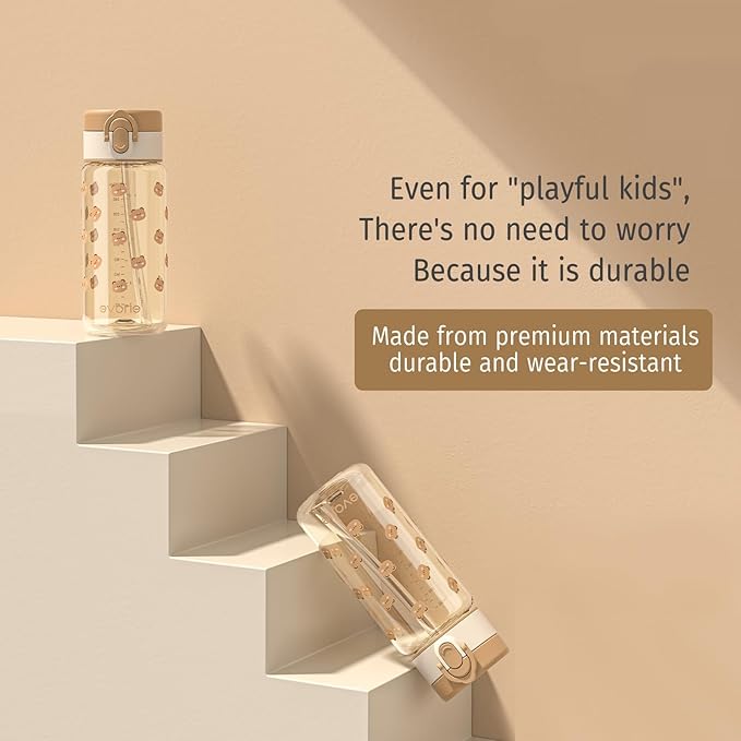 Evorie Tritan Kids Water Bottle for School with Straw, 13oz BPA Free Leak Proof Drinking Cup, Lightweight and Durable Drink Bottle (Honey Bear)