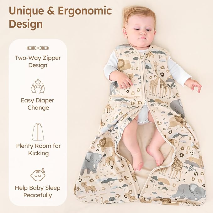 Baby Sleep Sack 18-24 Months 100% Cotton Lightweight 0.5 TOG Wearable Blanket Baby Sleep Bag with 2-Way Zipper for Infant Toddler Apricot Elephant