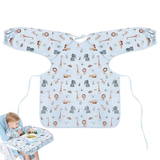 Vicloon Coverall Baby Feeding Bib, Weaning Bib Attaches to Highchair and Table, Long Sleeves Bib with Waterproof, Comfortable,Machine Washable, Baby Bib For 6 Month to 3 Years Old (Blue)
