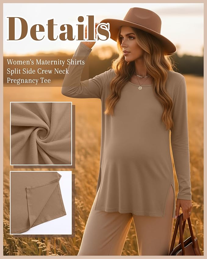 Riyiper 3 Pack Women's Maternity Long Sleeve T-Shirts Round Neck Side Split Tops Loose Casual Pregnancy Mama Clothes Fall