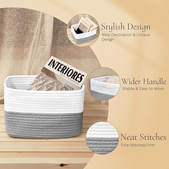 Hopegiver 3 Pack Storage Baskets for Organizing with Handle, Woven Baskets for Shelves - Durable Gift Basket for Cloth Toys Books Baby, Cotton Rope Basket for Dog Cat, 11x8x7 Inch(White&Gray)