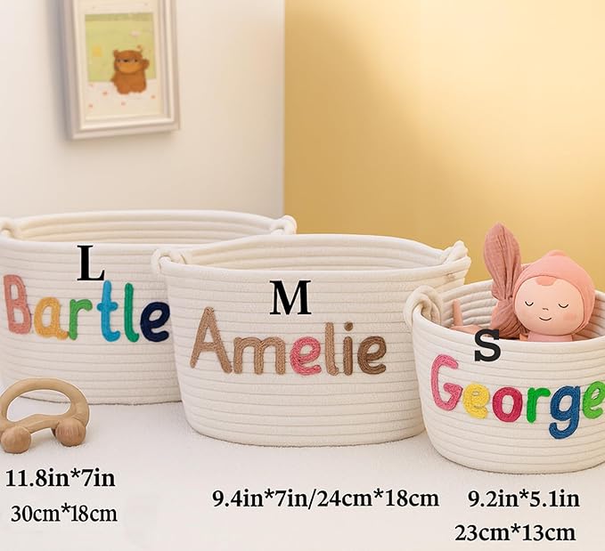 MBBEST Personalized Baby Shower Basket – Custom Rope Cotton Babys Basket with Name – Newborn Keepsake, Nursery Storage, Small Diaper Caddy Organizer, Cute Girl & Boy Baby Gifts