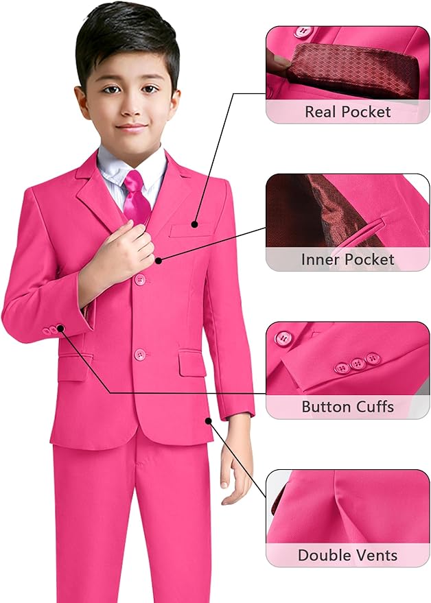 YuanLu Boys Suit for Kids Tuxedo Wedding Ring Bearer Outfit, 5 Piece Boy Slim Fit Formal Suits with Adjustable Waist