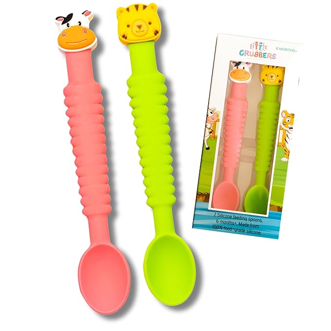 3-in-1 Silicone Baby Spoon Self Feeding 6+ Months - Pediatric OT Designed Teether Spoon, BPA Free Toddler Utensils, Mess-Free, Fun for Baby Led Weaning Supplies, Cow & Tiger