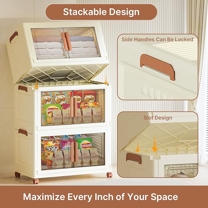 570Qt/140Gal Large Stackable Storage Bins with Lids and Divider, 3Pack Collapsible Drawers with Doors, Foldable Cabinet with Wheels, Plastic Closet Organizers and Containers for Home, Dorm