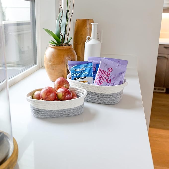 NaturalCozy 5-Piece Rectangle Storage Basket Set- Natural Cotton Rope Woven Baskets for Organizing! Small Basket for Montessori, Baby Nursery, Dog Toy Baskets, Cat Toy Box, Bathroom Organization Bin