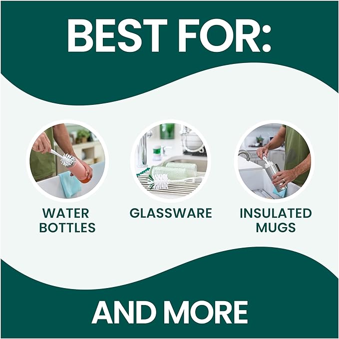 Scotch-Brite Glass and Water Bottle Brush, Long-Lasting, Safe on Glassware, Shaker Bottles, Food Processors, & More, Non-slip handle, Durable, Reusable, Clean in Top Rack of Your Dishwasher