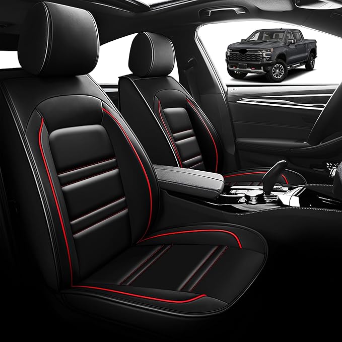 Seat Cover for Chevy Silverado 1500 2007-2025 | Car Seat Covers Front Seats, Waterproof Seat Protectors, Automotive Front Seat Covers (Front Seat, Black&Red Line)