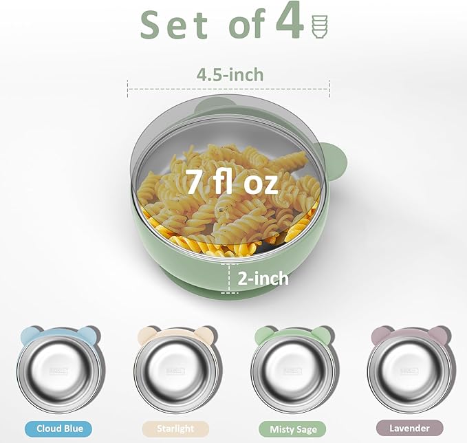 Stainless Steel Baby Bowls with Suction, 2-in-1 Toddlers Bowl & Removable Silicone Suction Kids Bowl, Non Toxic Snack Container for Baby Food Feeding, Soft Blue/Sage/Lavender/Cream Set of 4