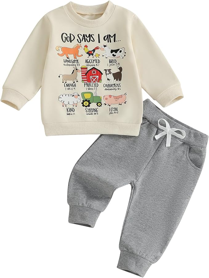 Nyapruwe Toddler Baby Boy Fall Outfit Funny Print Long Sleeve Sweatshirt Joggers Pants Set Kids Warm Winter Clothes