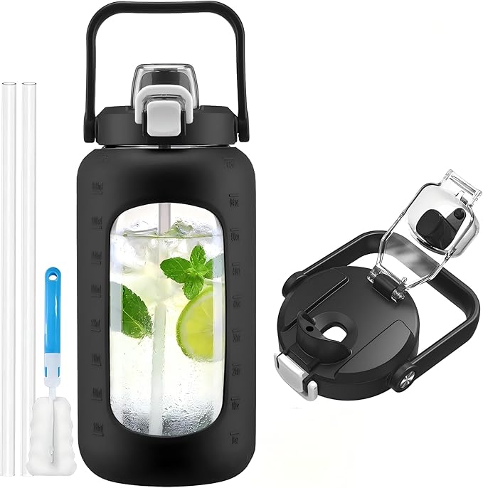 72oz Glass Water Bottle with 2-IN-1 Straw &Chug Lid, Large Motivational Glass Bottle with Capacity Marker and Silicone Sleeve, 2.1Liter Gallon Water Jug for Home, Sports, Gym, BPA Free-Black