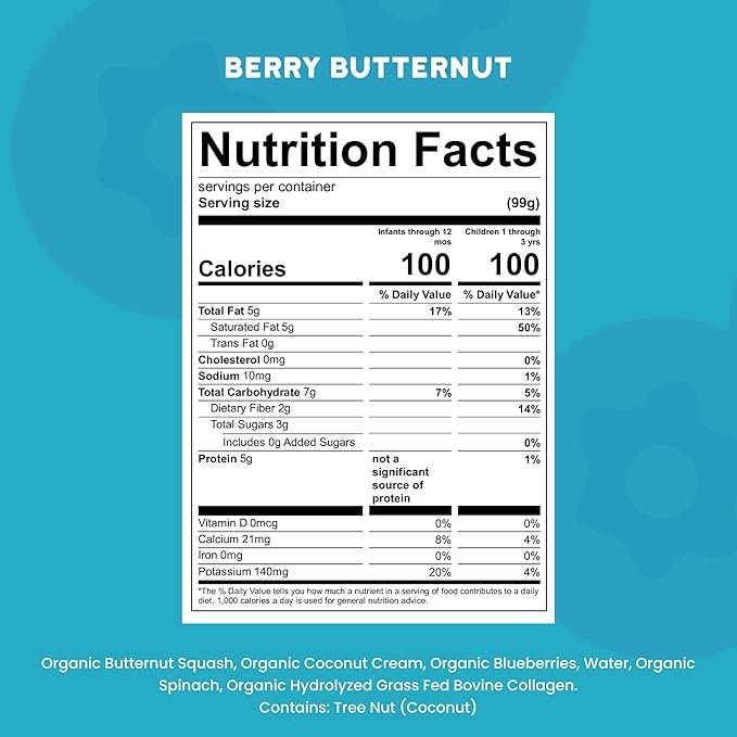 Serenity Kids 6+ Months Dairy-Free Smoothie Baby Food Pouch - USDA Organic & Grass-Fed Collagen Protein - Berry Butternut Flavor - Portable Toddler Snacks - 3.5 Oz, 12 Pack