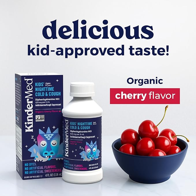 KinderMed Kids' Nighttime Cold & Cough Medicine, for Ages 6 Years+, No Dyes, No Artificial Flavors, No Artificial Sweeteners, Vegan, Non-GMO, Gluten Free, Organic Cherry Flavor, 4 fl. oz (Pack of 2)
