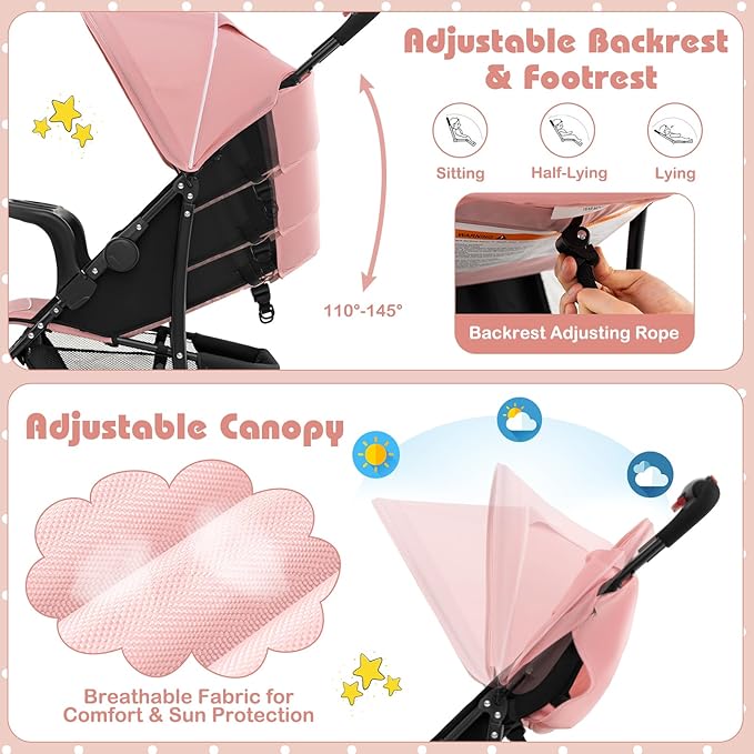 HONEY JOY Lightweight Stroller, Compact Travel Stroller for Airplane, Toddler Fold Pushchair w/Adjustable Canopy & Backrest, Storage Basket, Umbrella Stroller for Infants (Pink)