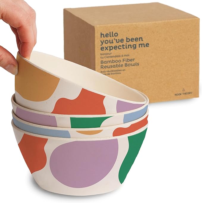 Nook Theory 4 Pack Bamboo Bowls - 22 Oz Reusable Bowl, Dishwasher Safe - Not Microwavable Bamboo Dishes (Bloop)