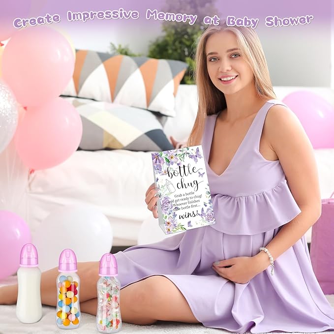 TrelaCo Cool Baby Shower Games Sets 12 Pcs Feeding Bottles with 1 Bottle Chug Sign for Gender Reveal Baby Shower Party Favors Decoration Games(Butterfly,Purple)