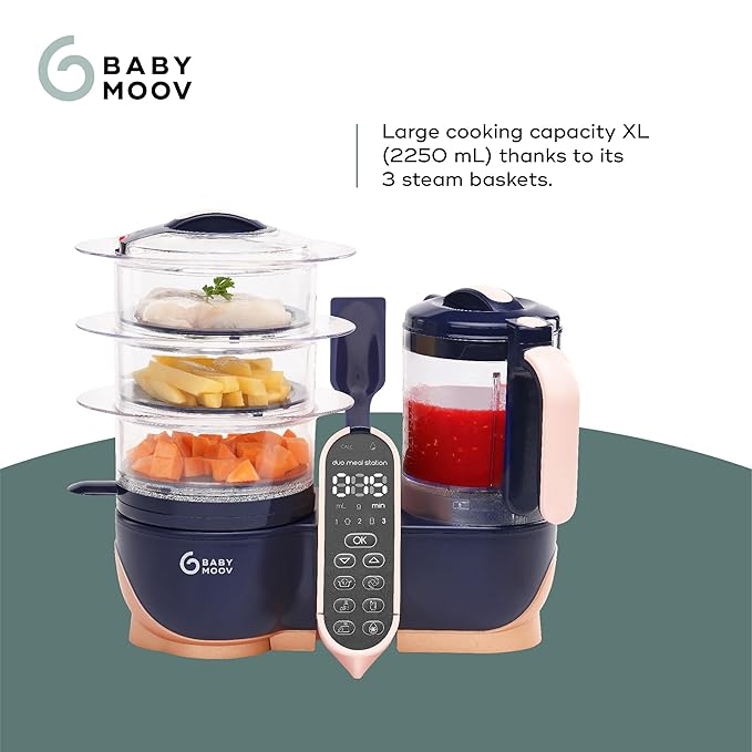 Babymoov Duo Meal Station XL, 6 in 1 Food Processor with Steamer, Multi-Speed Blender, Warmer, Defroster & Sterilizer (Nutritionist Approved), pink