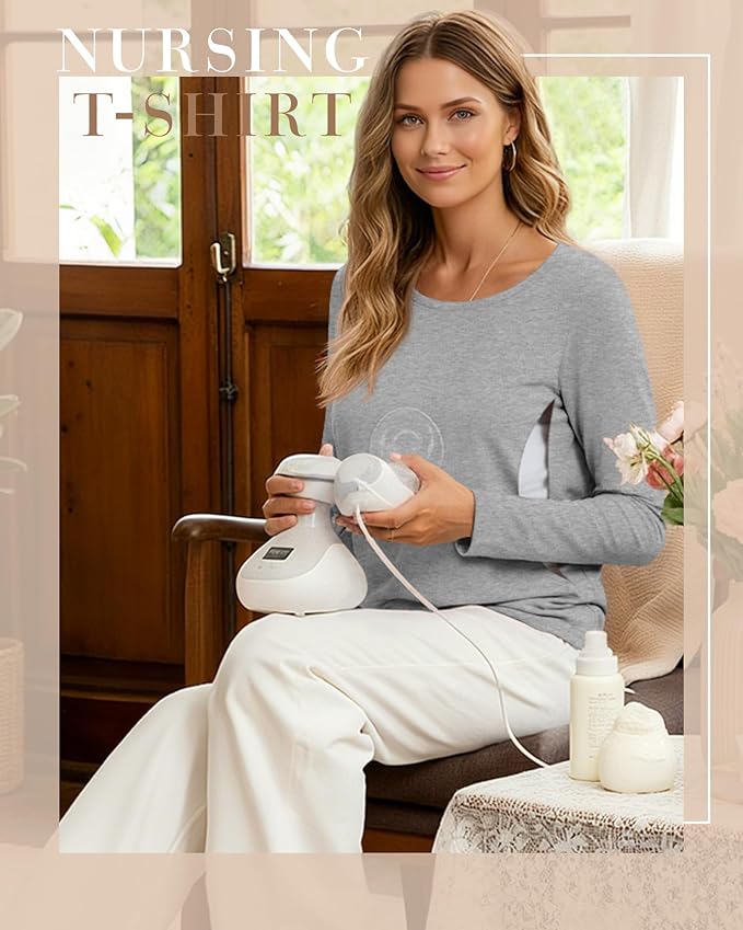 4 Pack Women's Cotton Nursing Tops, Breastfeeding Maternity with Hidden Zippers Crew Neck Long Sleeve Pregnancy Shirts