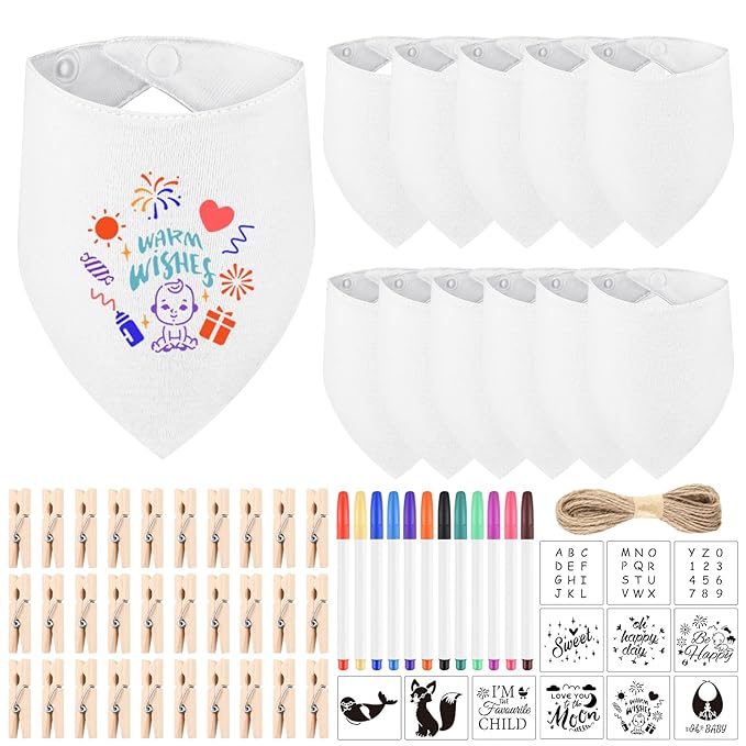 NACHLYNN 67 Pcs White Baby Bibs Baby Shower Games Set Including 12 Blank Baby Bibs 12 Stencils 30 Clothespins 12 Fabric Markers 1 Hemp Rope for Boys Girls Gender Reveal Party