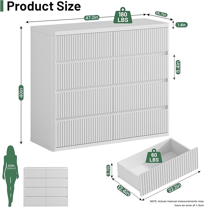 White 8 Drawer Dresser, Modern Fluted Dressers & Chest of Drawers for Bedroom, 48" Wide Dresser TV Stand with Deep Drawer, Curved Profile, Wood Organizer for Bedroom, Living Room, Hallway