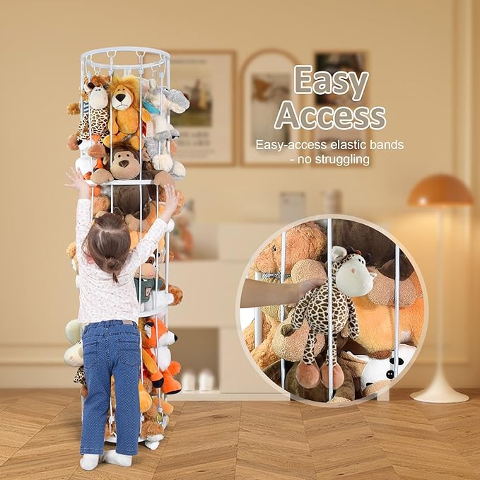 Stuffed Animal Storage Zoo Plushies Toy Storage Organizer, Metal Tube Stuffed Animal Holder with Brake Wheels, Space Saving Plush Toy Holder for Playroom Bedroom Nursery (White)