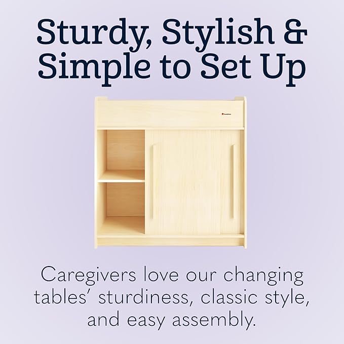 Foundations SafeGlide Daycare Changing Table, Durable Wood Construction, Built-in Shelving for Ample Storage, Gliding Doors, Adjustable Safety Strap, Includes Foam Mattress Pad (Natural)