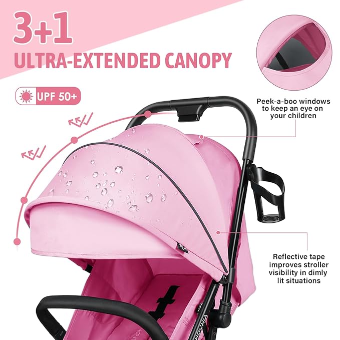 Lightweight Stroller, One-Hand Fold Compact Travel Stroller from Birth to 55 lbs, UPF 50+ Large Canopy & 5-Point Harness, Adjustable Reclining Seat- Pink