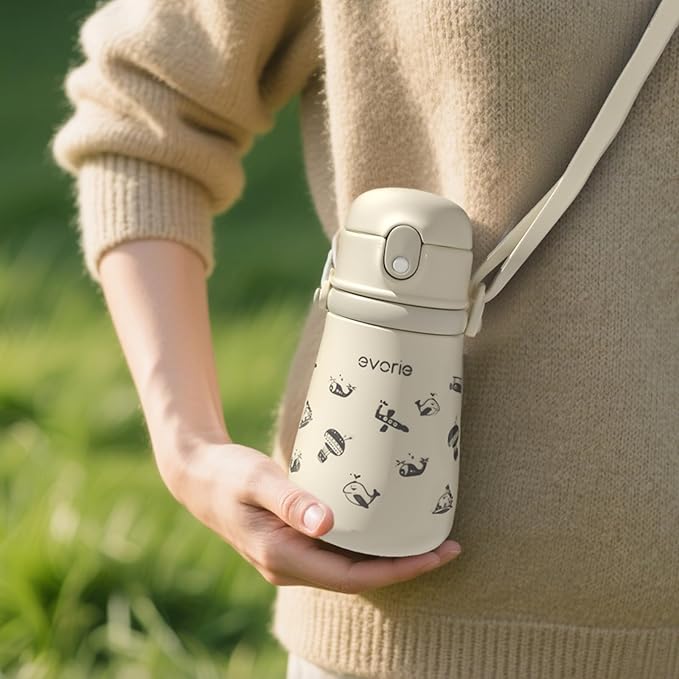 Evorie Leak Proof Vacuum Insulated Water Bottle, 316L Stainless Steel Sippy Cup for Toddlers, 11 oz Straw Cup with Handle & Adjustable Strap, Keeps Drinks Warm or Cold (Travel in Space)