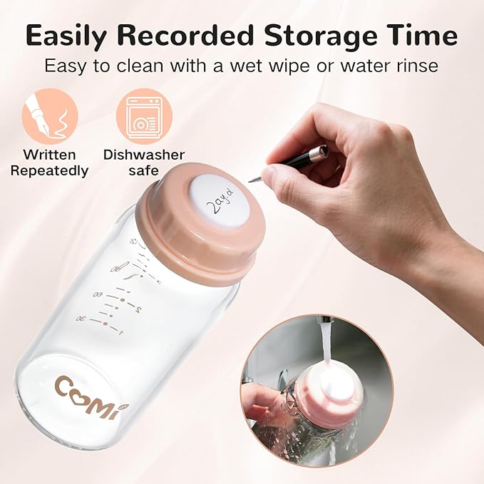 COMI Natural Glass Baby Bottle,Standard Neck Breastmilk Storage Bottle for Fridge,Breast Milk Container,Breast Pump Bottle Compatible with Medela Breast Pump,BPA Free,4PCS(5oz,4 Pink Lids)