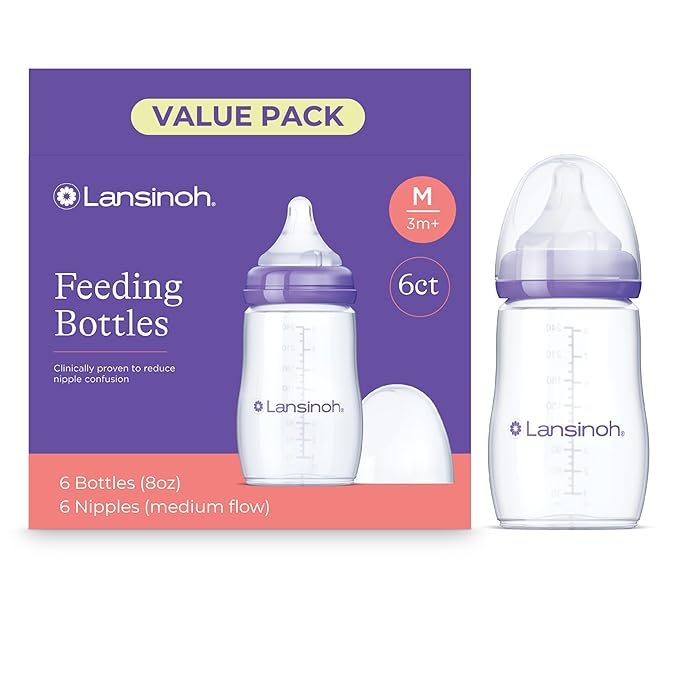Lansinoh Anti-Colic Baby Bottles for Breastfeeding Babies, 8 Ounces, 6 Count, Includes 6 Medium Flow Nipples, Size M