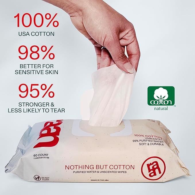 Raan, 100% Cotton Baby & Toddler Wipes, Unbleached, 99% Purified Water, Unscented, EWG verified, Made for Sensitive Skin, Extra Soft and Durable, 8 pack, 480 Count