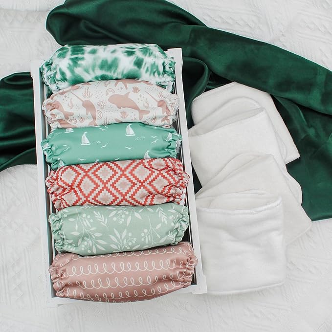 Mama Koala 3.0 Pocket Cloth Diapers for Babies with AWJ Lining, 6 Pack with 6 5-Layer Natural Cloth Diaper Inserts - Reusable and Washable Pocket Diapers(A-Calm Spring)