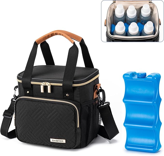 Breastmilk Cooler Bag with Ice Pack Fits 6 Baby Bottles up to 9 Ounce, Breast Milk Pump Cooler Bag for Nursing Mom Daycare, Work, Travel-Black