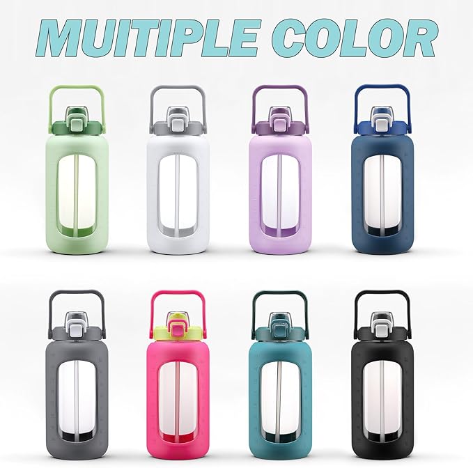 72oz Glass Water Bottle with 2-IN-1 Straw &Chug Lid, Large Motivational Glass Bottle with Capacity Marker and Silicone Sleeve, 2.1Liter Gallon Water Jug for Home, Sports, Gym, BPA Free-White