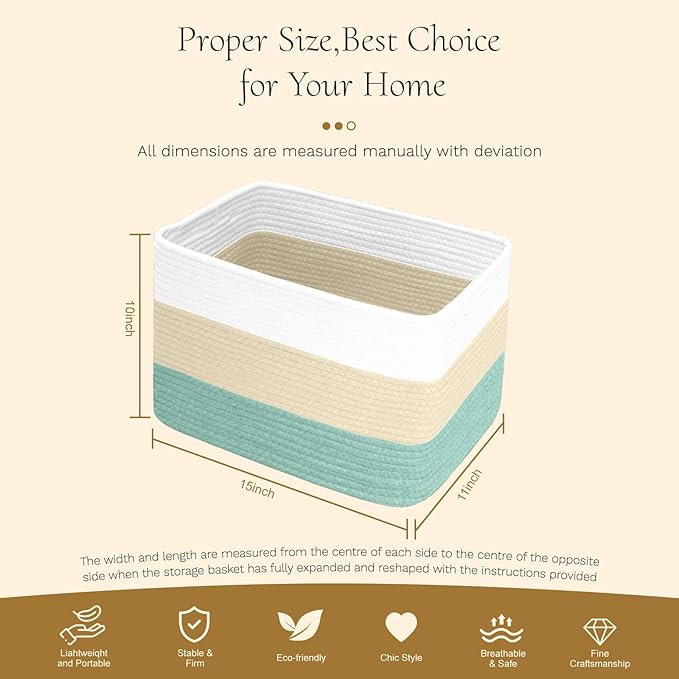 Hopegiver 3 Pack Storage Baskets for Organizing with Handle, Woven Baskets for Shelves - Durable Gift Basket for Cloth Toys Books Baby, Cotton Rope Basket for Dog Cat, 15x11x10 Inch(White&Cream&Green)